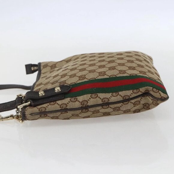 GUCCI GG Canvas Web Sherry Line Shoulder Bag Beige Gold Red 144388 Auth 155727 - Picture 6 of 16